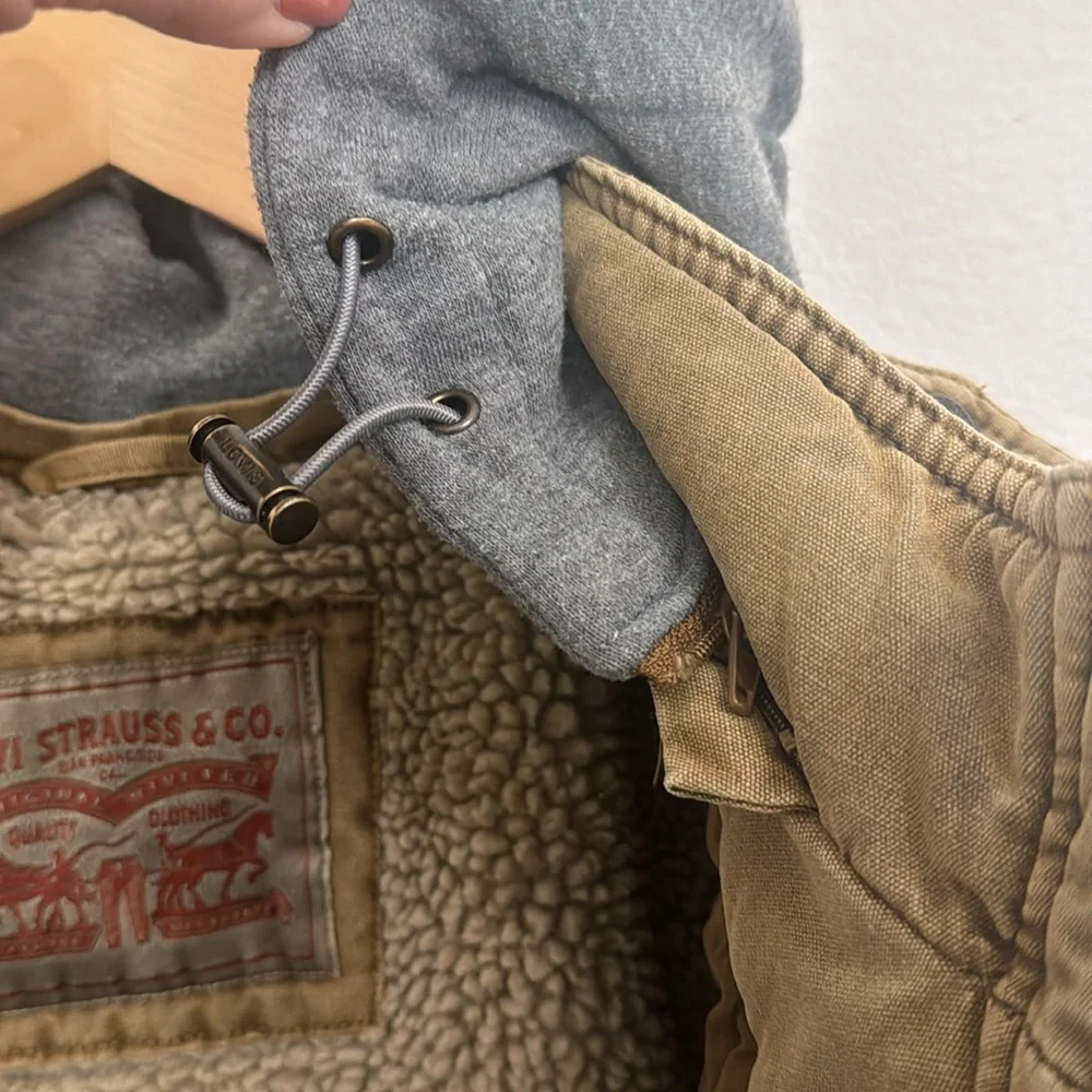LEVI’S Washed Cotton Brown Jacket Removable Hood Snap/Zipper Front Size Small